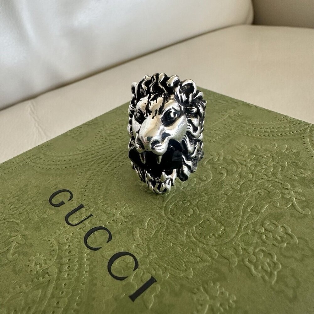 NEW Authentic Gucci Lion Head Crystal Ring In Silver & Black Sz 16 IT 7.5 US - Picture 3 of 11